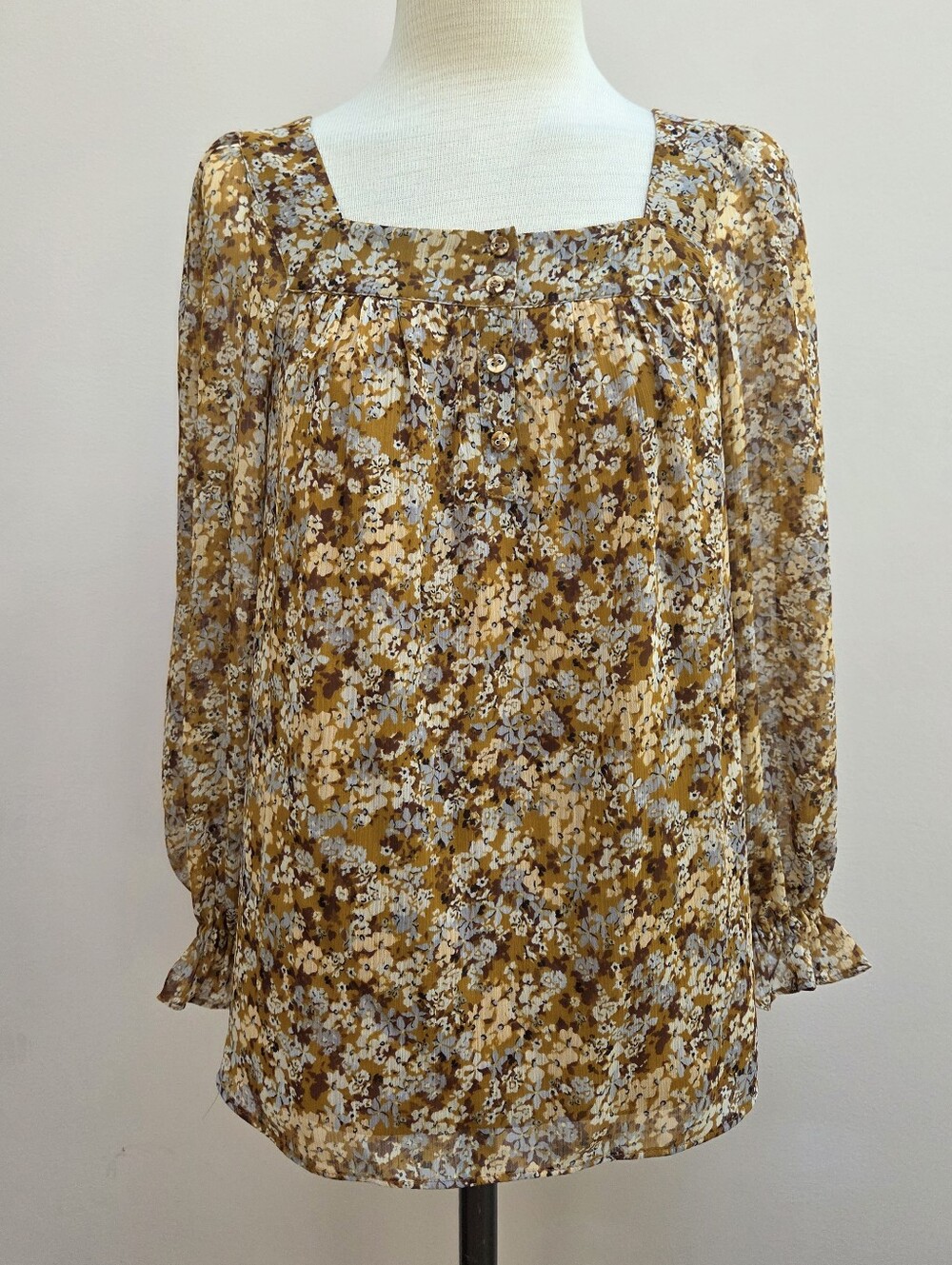LC Lauren Conrad Brown & Blue Floral Boho Square Neck Blouse, Size XS